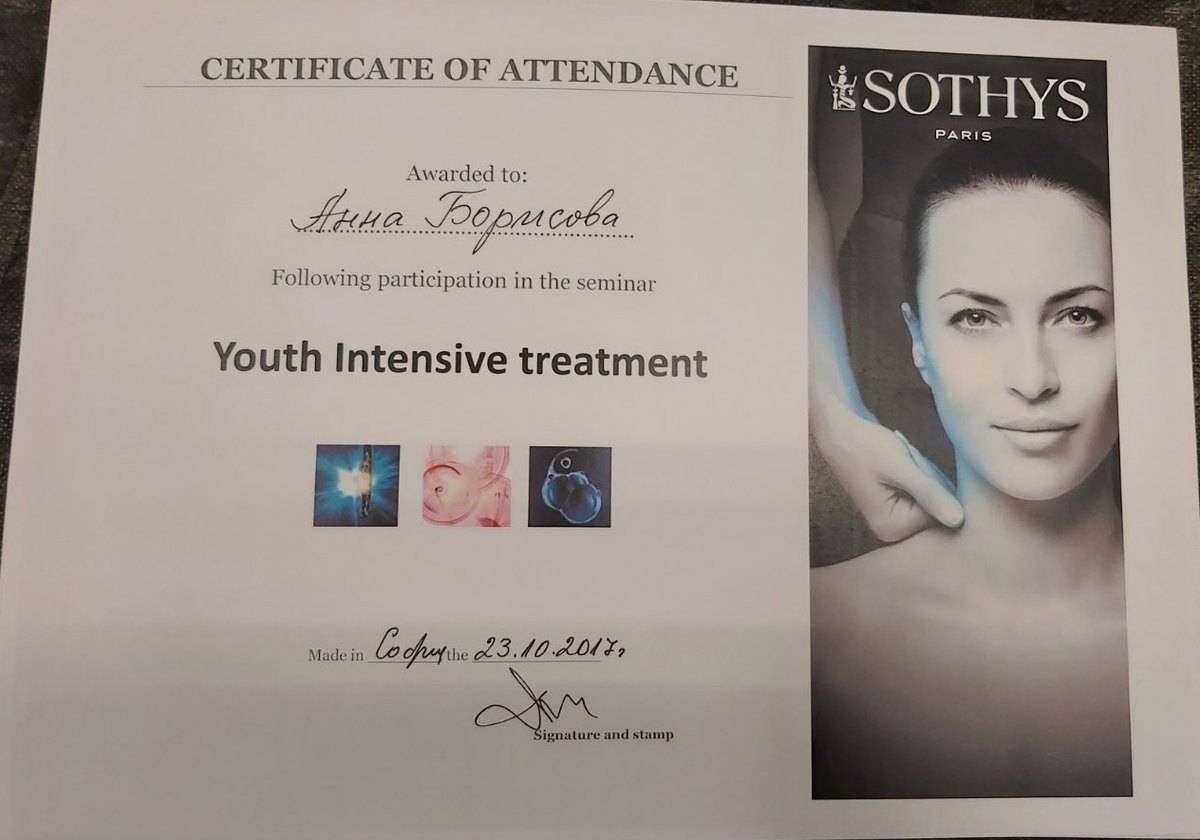 Сертификат — Sothys Paris, Youth Intensive Treatment